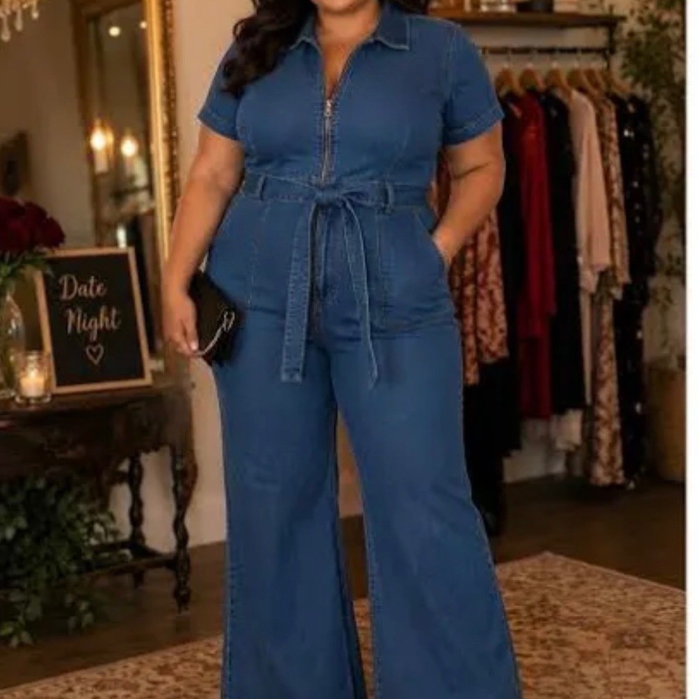 Ava & Viv Women Blue Denim Zip Front Tie Waist Wide Leg Jumpsuit Size 20 Stretch